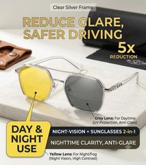 Day Night Driving Glasses Photochromic Anti Glare Yellow Lens Silver Frame