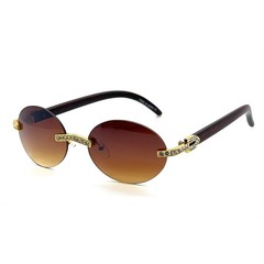 Rimless Sunglasses Oval Lens Wood Grain Frame Rhinestone Accents Men Women Gafas