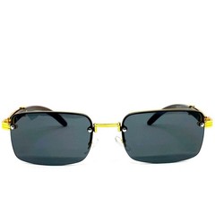 Mens Rimless Rectangle Sunglasses Gold Wood Grain Frame Grey Lens Luxury Style