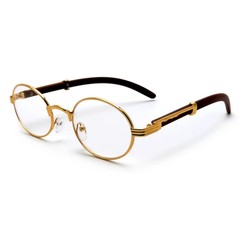 Men’s Hip Hop Clear Lens Vintage Oval Gold Frame Retro Wood Grain Glasses
