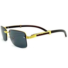 Mens Rimless Rectangle Sunglasses Gold Wood Grain Frame Grey Lens Luxury Style