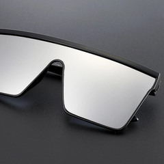 Modern Shield Sunglasses, Large Flat Top Black Frame Silver Mirror Single Lens