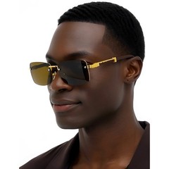 Mens Rimless Rectangular Sunglasses Gold Wood Grain Frame Brown Lens UV400