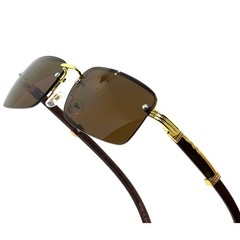 Mens Rimless Rectangular Sunglasses Gold Wood Grain Frame Brown Lens UV400
