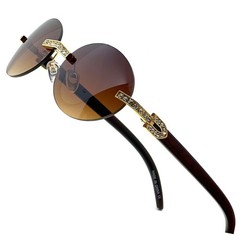 Rimless Sunglasses Oval Lens Wood Grain Frame Rhinestone Accents Men Women Gafas