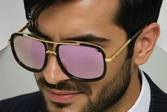 Men’s Sunglasses Square One Gold Colored Metal Frame Top Bar Oversize Shades NEW