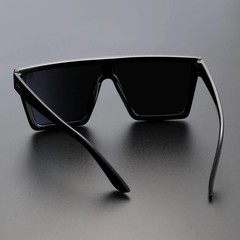 Modern Shield Sunglasses, Large Flat Top Black Frame Silver Mirror Single Lens