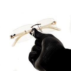Men’s Vintage Gold Frame Rimless Hip Hop White Woodgrain Clear Lens Glasses
