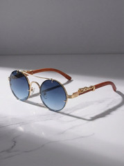 Vintage Round Steampunk Sunglasses Men Women Wood Grain Luxury Brand Fashion UV