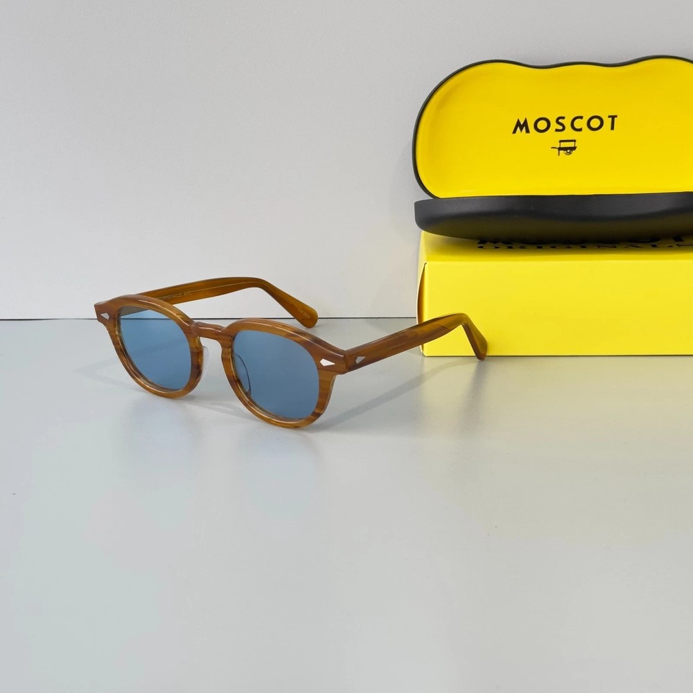 Moscot Lemtosh Wood Grain Frame Blue Lens Sunglasses Handmade Unisex