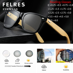 Unisex Square Bamboo Wood Photochromic Reading Glasses Wooden Temple Sunglasses