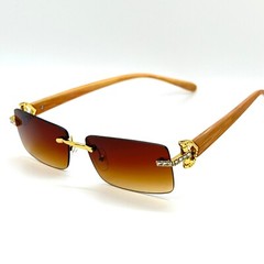 Rimless Sunglasses Wood Grain Frame Gold Accents Brown Lens Men Buffs Hip Hop