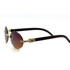 Rimless Sunglasses Oval Lens Wood Grain Frame Rhinestone Accents Men Women Gafas