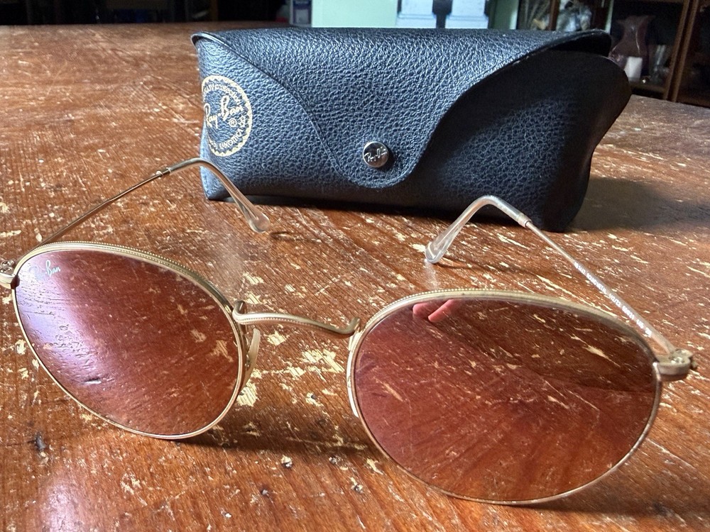 Ray-Ban Made In Italy RB3447 50/21 Gold Round Metal Mirror Pink Sunglasses 💕