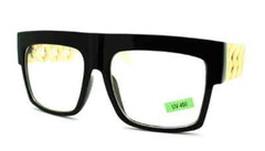 Men Women Celebrity Fashion Thick Gold Chain Arms Flat Top Oversize Clear Lens