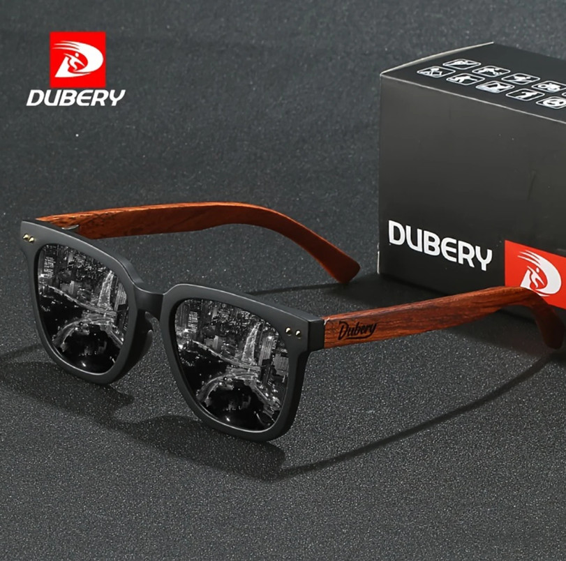 DUBERY Men Women Wood Polarized Square Sunglasses Wooden Temple Outdoor Glasses