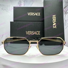 VERSACE Sunglasses Gold 54-16-145mm Metal Rectangle Greca Logo Mens Retro