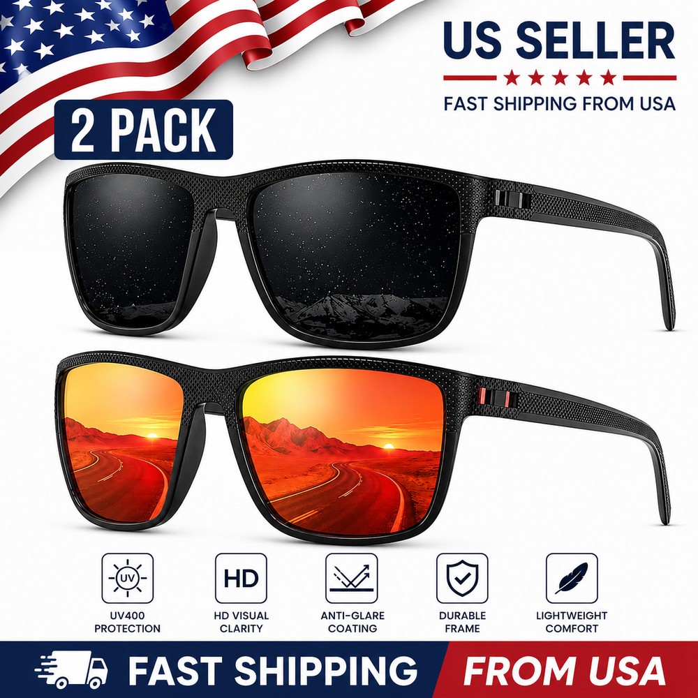 Fanshen Square Polarized Sunglasses Men Lightweight UV Protection Shades, 2 Pack