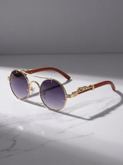 Vintage Round Steampunk Sunglasses Men Women Wood Grain Luxury Brand Fashion UV