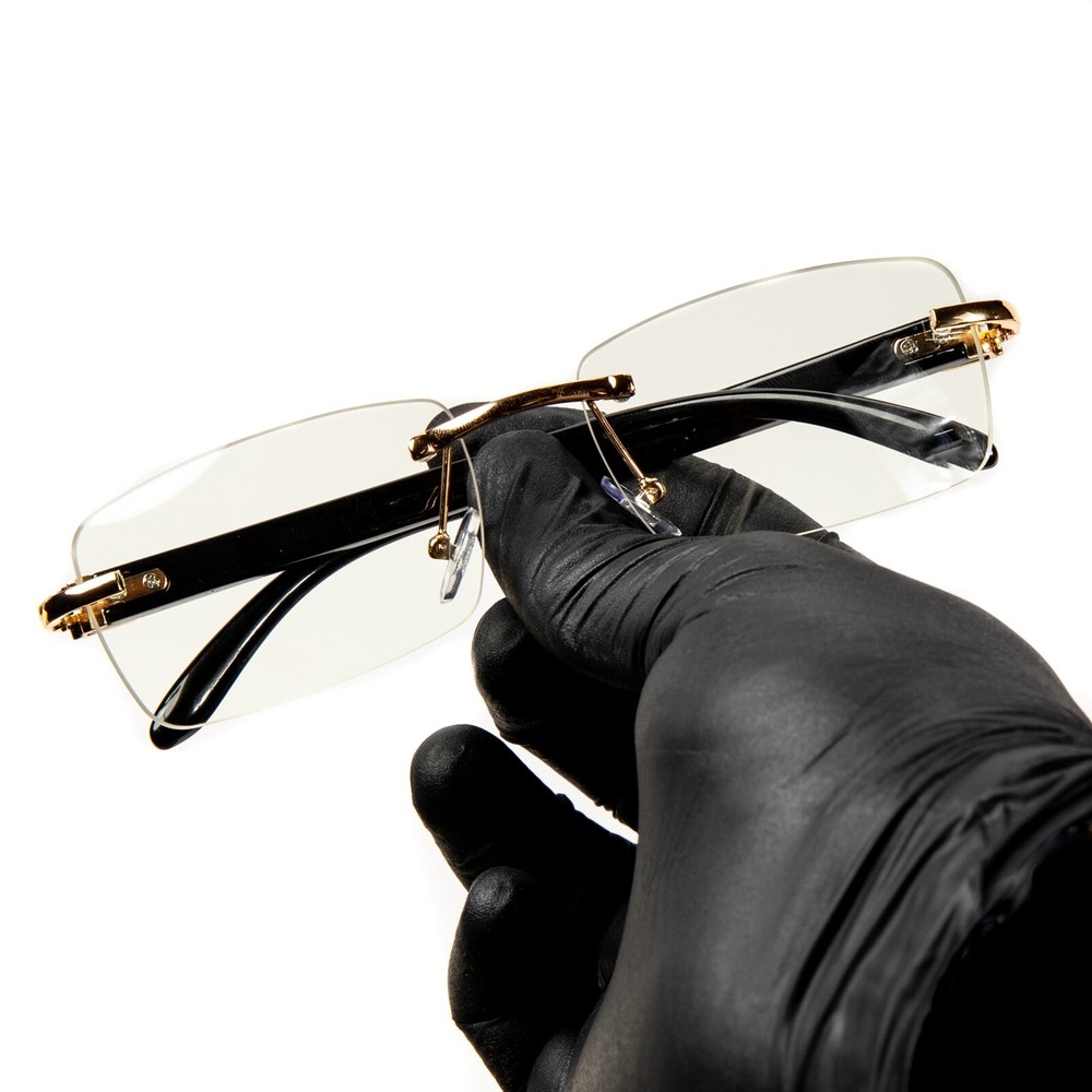 Men’s Black Wood Grain Gold Frame Rectangle Rimless Clear Tint Glasses