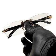 Men’s Black Wood Grain Gold Frame Rectangle Rimless Clear Tint Glasses