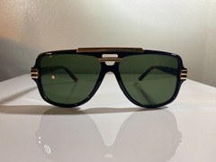 Men’s Run-DMC style sunglasses with green lenses & black frame with gold accents