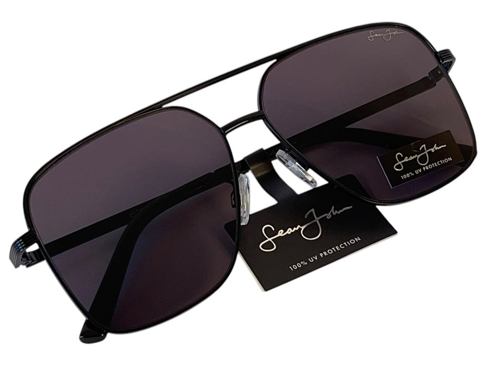 Men’s Sean John Solid Black Sunglasses Grey Tinted Lenses Big Pilot Style – New