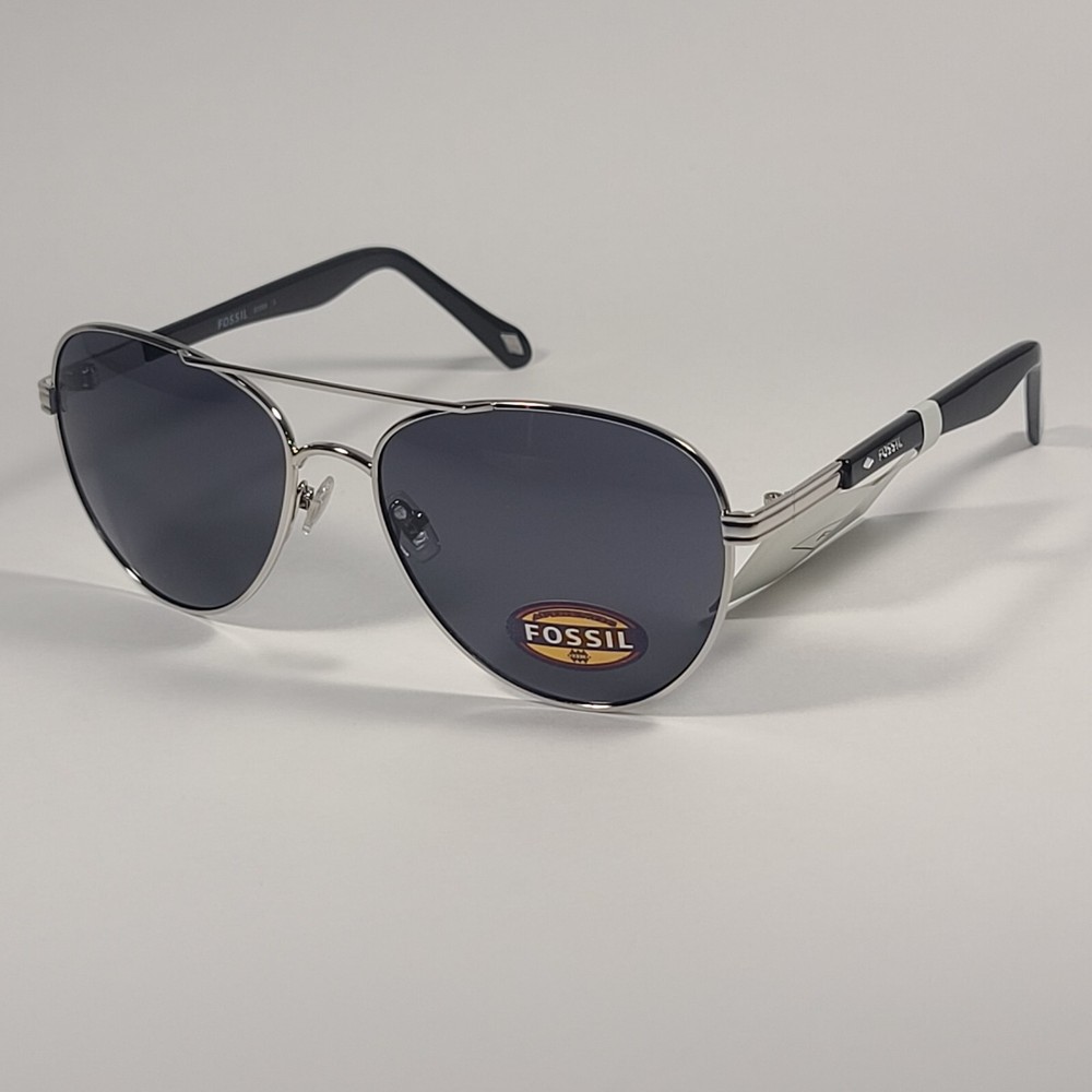 Fossil FM146 Men’s Pilot Style Sunglasses Silver Black Frame Solid Gray Lens 58