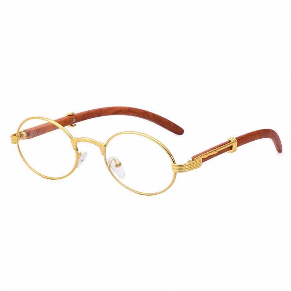 Men’s Round Oval Clear Lens Vintage Gold Frame Retro Red Wood Grain Glasses