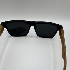 Men’s Square Sunglasses Black Plastic Frame Wood Temples Gold Mirrored UV400
