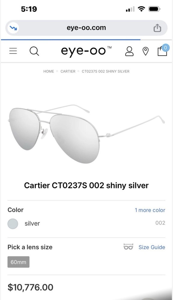 CARTIER 18k Solid White 18k Gold Aviator Sunglasses Retail $10,776 !!!