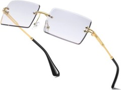 Men Vintage Rimless Small Rectangular Gold Frame Dark Blue Lens Tint Sunglasses