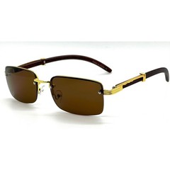 Mens Rimless Rectangular Sunglasses Gold Wood Grain Frame Brown Lens UV400