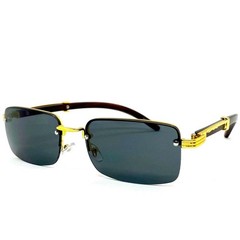 Mens Rimless Rectangle Sunglasses Gold Wood Grain Frame Grey Lens Luxury Style