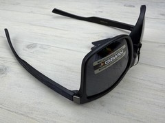 Polarized Sunglasses Black Frame Black/Blue Wood Grain Look Temples Gray Lens