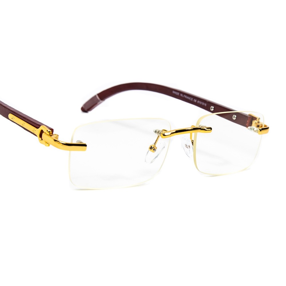 Men’s Clear Lens Wood Grain Gold Frame Retro Rectangular Hip Hop Luxury Glasses