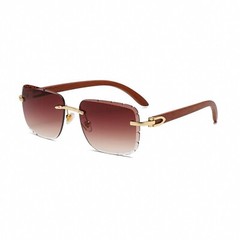 Rimless Gold Frame Burgundy Gradient Tint Diamond Cut Woodgrain Sunglasses​