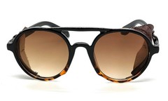 Men’s Women Sunglasses Vintage Steampunk Side Shields Leather Round Retro Shades