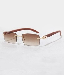 Men’s Rimless Sky Blue Tint Rectangular Vintage Wood Grain Gold Frame Retro Sung