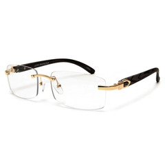 Men’s Vintage Gold Frame Rimless Hip Hop Black Woodgrain Clear Lens Glasses