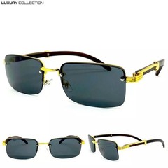 Mens Rimless Rectangle Sunglasses Gold Wood Grain Frame Grey Lens Luxury Style