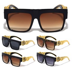 GOLD CUBAN LINK CHAIN SQUARE MEDALLION LION SUNGLASSES RETRO DESIGNER FASHION