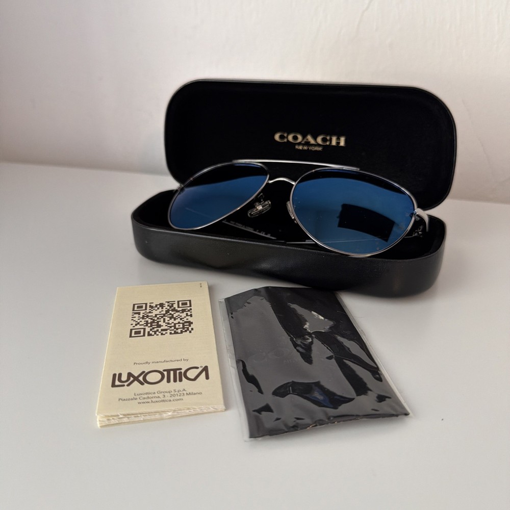 Coach 900445 Metal Pilot Aviator Shiny Gunmetal Blue Sunglasses 57 16 140 3N