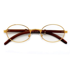 Mens Hip Hop 18k Gold Frame Oval Shape Clear Lens Wood Grain Retro Eye Glasses