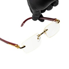 Men’s Clear Lens Wood Grain Gold Frame Retro Rectangular Hip Hop Luxury Glasses