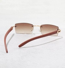 Men’s Rimless Sky Blue Tint Rectangular Vintage Wood Grain Gold Frame Retro Sung
