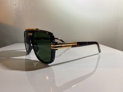 Men’s Run-DMC style sunglasses with green lenses & black frame with gold accents