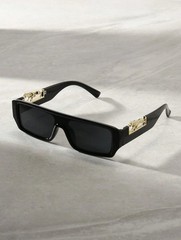 Black or White Rectangle Sunglasses Gold Panther Hardware Flat Top UV Shades