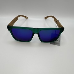Men’s Square Sunglasses Green Plastic Frame Wood Temples Blue Mirrored UV400