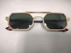 Men’s Geometric Gold Metal Frame Sunglasses w/ Green Tinted Plastic Lenses